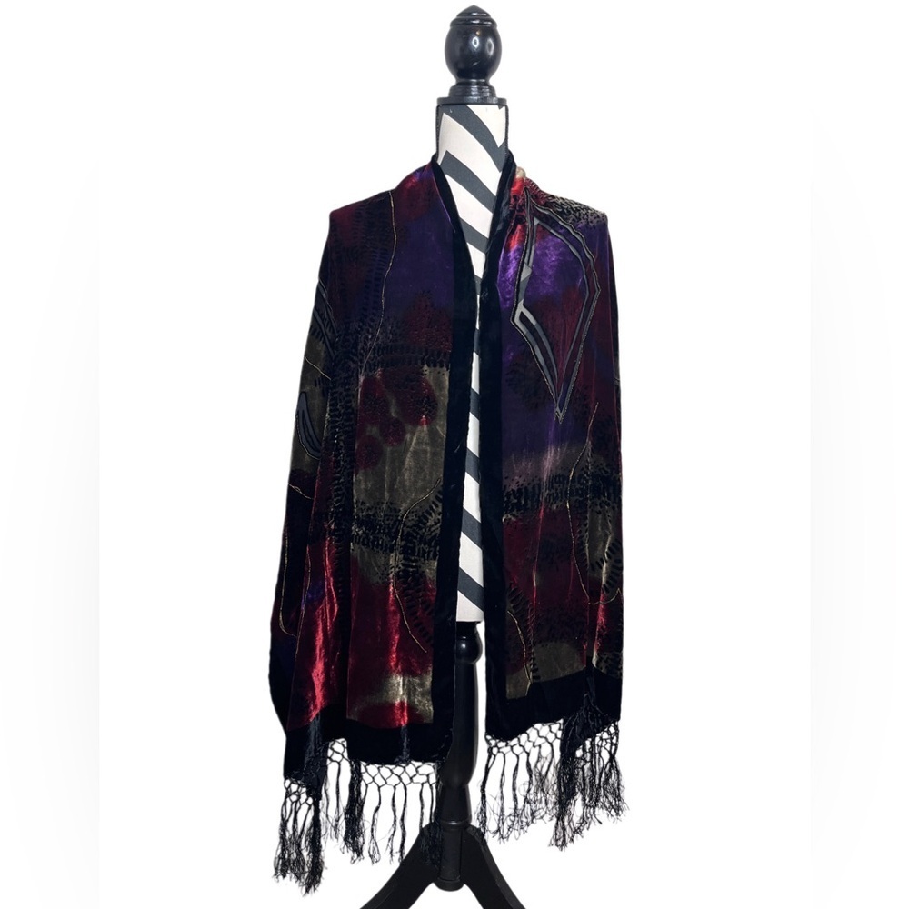 VTG Whimsigoth Burnout Velvet Elegant Fringe Scarf Wrap Shawl - Picture 8 of 12